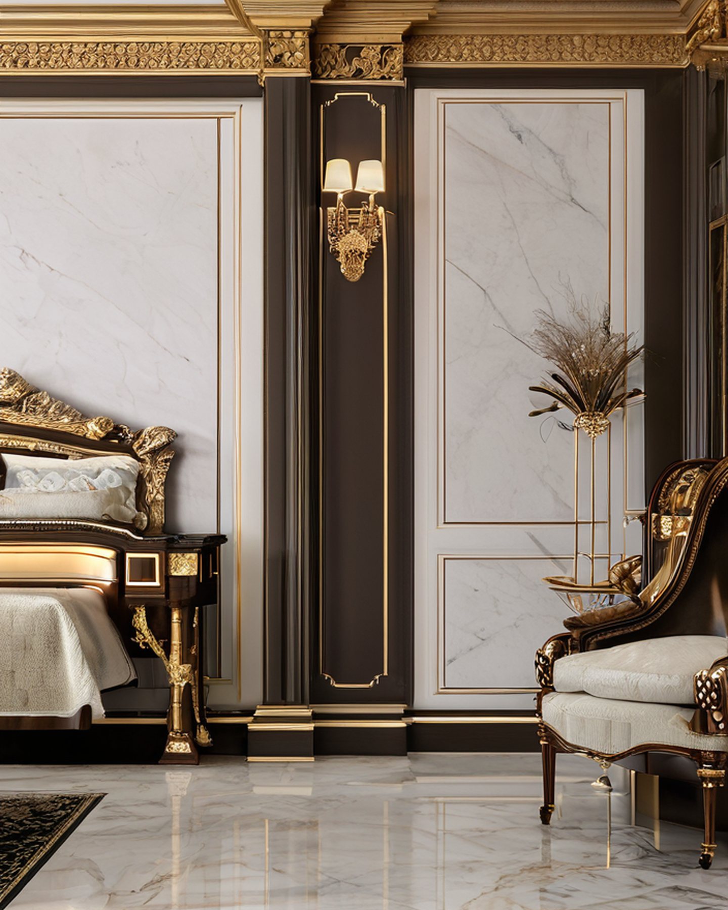 luxury master suite interior design carved bed wall by Modenese Gastone